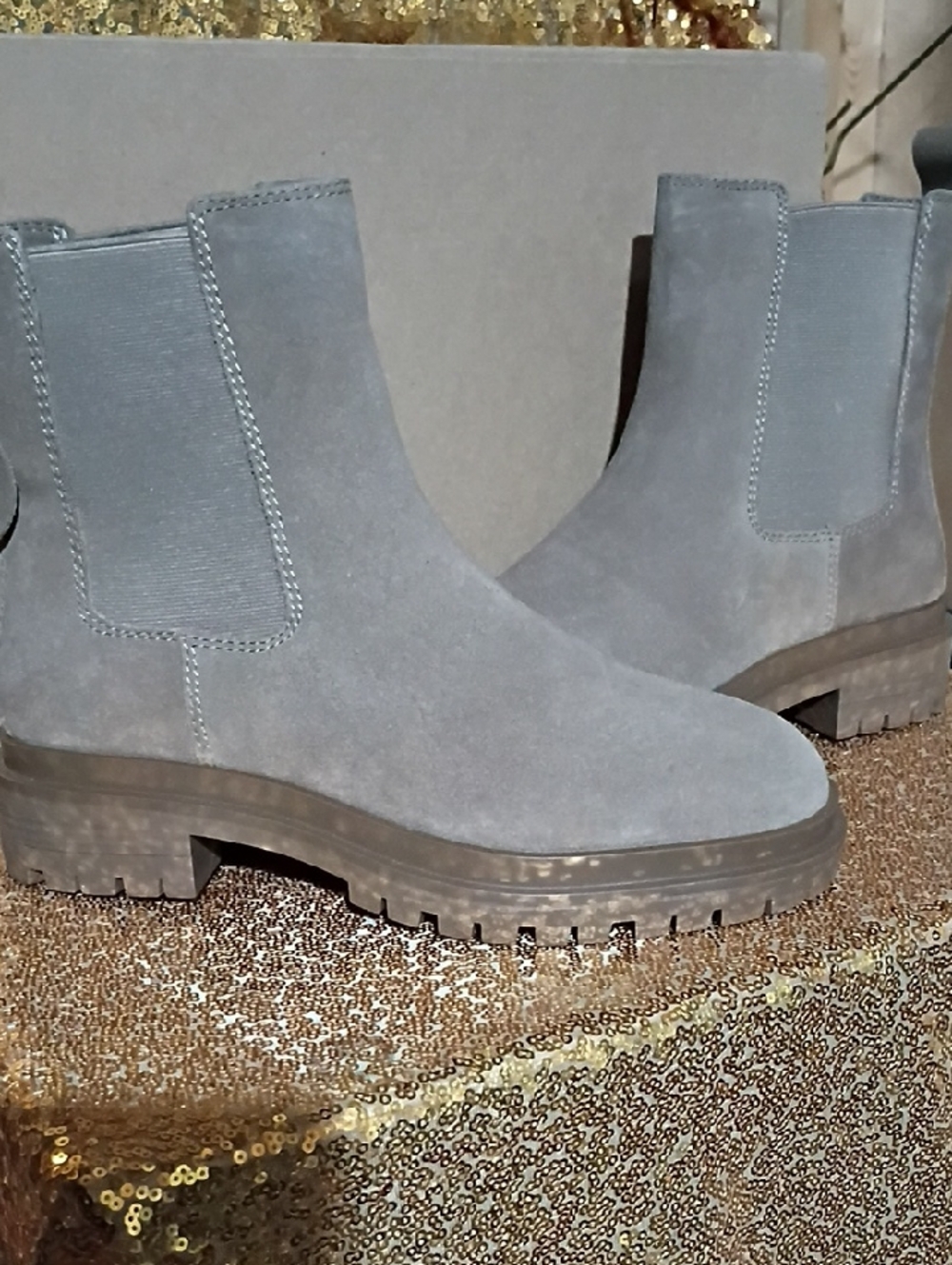 Lauren Ralph Lauren Gray Suede Chelsea Lug Ankle Boots
